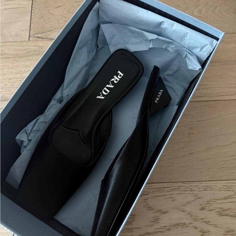 Prada Black Satin Square-Toe Mules - Picture 1 of 4